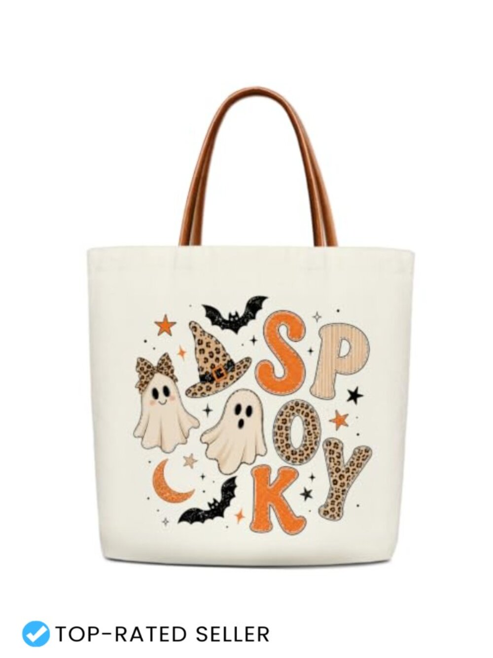 Halloween Ghost Leopard Tote Bag, Canvas Shoulder Handbag, Reusable Shopping